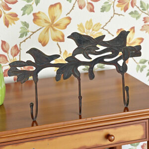 Birds on Branch Wall Triple Hook Cast Iron Coat Purse Hat Rack Farmhouse Cottage